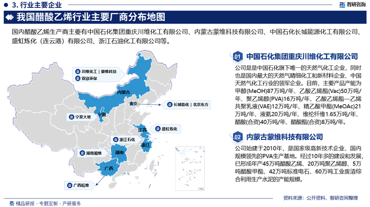 目前常规醋酸乙烯产品的市场竞争较为激烈，随着国内醋酸乙烯的生产技术逐渐成熟，高端产品供应能力有所上升，未来有望逐渐实现对进口产品的替代。同时，随着化工行业环保标准的提高，部分环保不达标、生产成本较高的中小企业和落后产能逐渐退出，醋酸乙烯行业有效产能减少，实际开工率有所提高，行业集中度也有望不断上升。目前，我国醋酸乙烯产能靠前的企业有中国石化集团重庆川维化工有限公司、内蒙古蒙维科技有限公司、中国石化长城能源化工有限公司、盛虹炼化（连云港）有限公司、浙江石油化工有限公司、内蒙古双欣环保材料股份有限公司等。