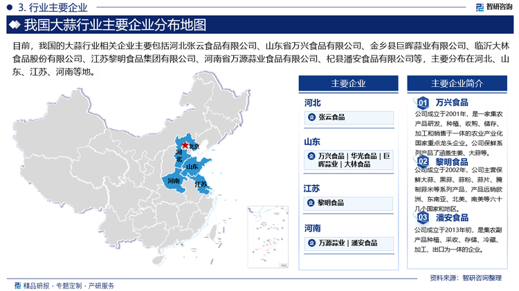 目前，我國(guó)的大蒜行業(yè)相關(guān)企業(yè)主要包括河北張?jiān)剖称酚邢薰?、山東省萬(wàn)興食品有限公司、金鄉(xiāng)縣巨暉蒜業(yè)有限公司、臨沂大林食品股份有限公司、江蘇黎明食品集團(tuán)有限公司、河南省萬(wàn)源蒜業(yè)食品有限公司、杞縣潘安食品有限公司等，主要分布在河北、山東、江蘇、河南等地。