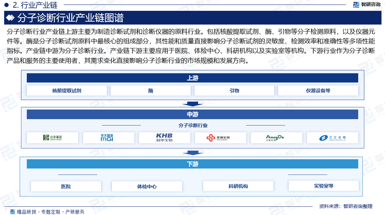 分子诊断行业产业链上游主要为制造诊断试剂和诊断仪器的原料行业。包括核酸提取试剂、酶、引物等分子检测原料，以及仪器元件等。酶是分子诊断试剂原料中最核心的组成部分，其性能和质量直接影响分子诊断试剂的灵敏度、检测效率和准确性等多项性能指标。产业链中游为分子诊断行业。产业链下游主要应用于医院、体检中心、科研机构以及实验室等机构。下游行业作为分子诊断产品和服务的主要使用者，其需求变化直接影响分子诊断行业的市场规模和发展方向。