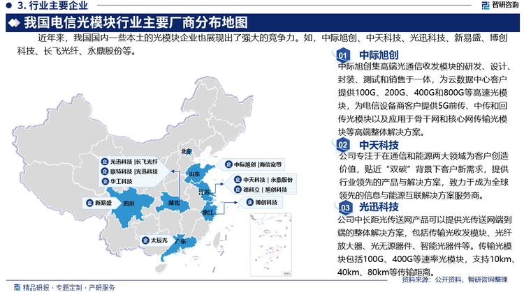 一直以来，全球高端光器件及光模块技术基本上都掌握在一些国外厂商手中，国外主要企业包括Finisar、Avago、SourcePhotonics等。近年来，我国国内一些本土的光模块企业也展现出了强大的竞争力。如，中际旭创、中天科技、光迅科技、新易盛、博创科技、长飞光纤、永鼎股份等。这些企业在光模块领域具有显著的技术优势，也占有一定的市场份额。其中，中际旭创2023年光通信收发模块产量681万只，销量为745万只，营业收入达到101.8亿元。