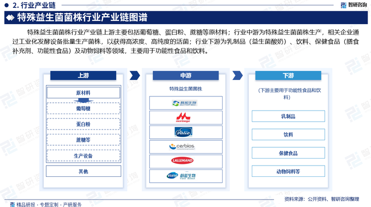 特殊益生菌菌株行业产业链上游主要包括葡萄糖、蛋白粉、蔗糖等原材料；行业中游为特殊益生菌菌株生产，相关企业通过工业化发酵设备批量生产菌株，以获得高浓度、高纯度的活菌；行业下游为乳制品（益生菌酸奶）、饮料、保健食品（膳食补充剂、功能性食品）及动物饲料等领域，主要用于功能性食品和饮料。