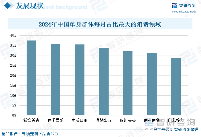 2024年中国单身群体每月占比最大的消费领域