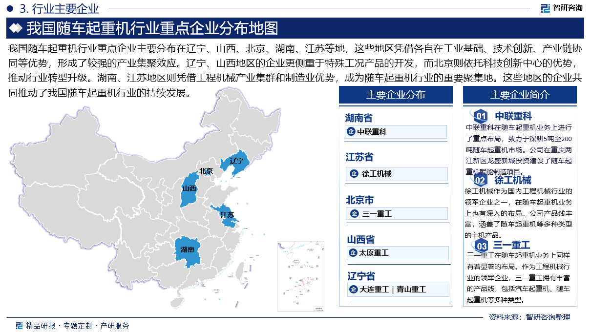 我国随车起重机行业重点企业主要分布在辽宁、山西、北京、湖南、江苏等地，这些地区凭借各自在工业基础、技术创新、产业链协同等优势，形成了较强的产业集聚效应。辽宁、山西地区的企业更侧重于特殊工况产品的开发，而北京则依托科技创新中心的优势，推动行业转型升级。湖南、江苏地区则凭借工程机械产业集群和制造业优势，成为随车起重机行业的重要聚集地。这些地区的企业共同推动了我国随车起重机行业的持续发展。