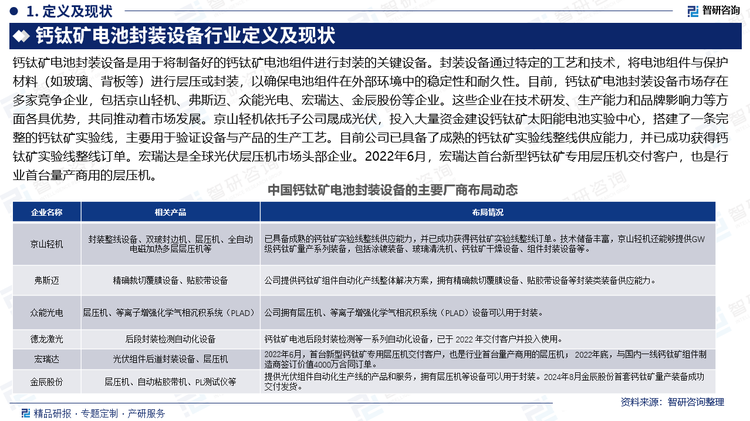 鈣鈦礦電池封裝設備是用于將制備好的鈣鈦礦電池組件進行封裝的關鍵設備。封裝設備通過特定的工藝和技術，將電池組件與保護材料（如玻璃、背板等）進行層壓或封裝，以確保電池組件在外部環(huán)境中的穩(wěn)定性和耐久性。目前，鈣鈦礦電池封裝設備市場存在多家競爭企業(yè)，包括京山輕機、弗斯邁、眾能光電、宏瑞達、金辰股份等企業(yè)。這些企業(yè)在技術研發(fā)、生產能力和品牌影響力等方面各具優(yōu)勢，共同推動著市場發(fā)展。京山輕機依托子公司晟成光伏，投入大量資金建設鈣鈦礦太陽能電池實驗中心，搭建了一條完整的鈣鈦礦實驗線，主要用于驗證設備與產品的生產工藝。目前公司已具備了成熟的鈣鈦礦實驗線整線供應能力，并已成功獲得鈣鈦礦實驗線整線訂單。宏瑞達是全球光伏層壓機市場頭部企業(yè)。2022年6月，宏瑞達首臺新型鈣鈦礦專用層壓機交付客戶，也是行業(yè)首臺量產商用的層壓機。