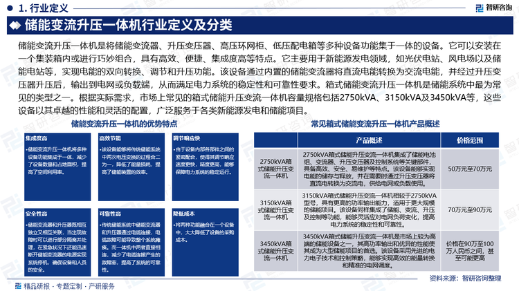 储能变流升压一体机是将储能变流器、升压变压器、高压环网柜、低压配电箱等多种设备功能集于一体的设备。它可以安装在一个集装箱内或进行巧妙组合，具有高效、便捷、集成度高等特点。它主要用于新能源发电领域，如光伏电站、风电场以及储能电站等，实现电能的双向转换、调节和升压功能。该设备通过内置的储能变流器将直流电能转换为交流电能，并经过升压变压器升压后，输出到电网或负载端，从而满足电力系统的稳定性和可靠性要求。箱式储能变流升压一体机是储能系统中最为常见的类型之一。根据实际需求，市场上常见的箱式储能升压变流一体机容量规格包括2750kVA、3150kVA及3450kVA等，这些设备以其卓越的性能和灵活的配置，广泛服务于各类新能源发电和储能项目。