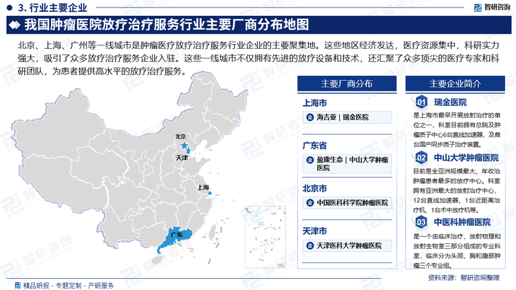 北京、上海、广州等一线城市是肿瘤医疗放疗治疗服务行业企业的主要聚集地。这些地区经济发达，医疗资源集中，科研实力强大，吸引了众多放疗治疗服务企业入驻。这些一线城市不仅拥有先进的放疗设备和技术，还汇聚了众多顶尖的医疗专家和科研团队，为患者提供高水平的放疗治疗服务。