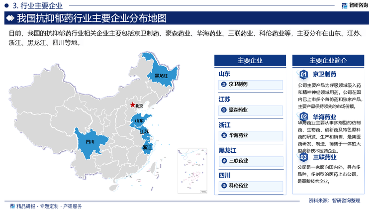 長期以來，我國抗抑郁藥物市場份額主要被靈北制藥、輝瑞、雅培制藥等外資企業(yè)占據(jù)。但隨著原研藥專利陸續(xù)到期，我國抗抑郁仿制藥物相繼獲批上市，外資企業(yè)市場份額正被豪森藥業(yè)、京衛(wèi)制藥、華海藥業(yè)等本土企業(yè)搶占。可見，我國抗抑郁藥物國產(chǎn)替代進程加速，行業(yè)迎來洗牌，市場競爭格局正被重塑。以公立醫(yī)療機構(gòu)終端為例， 2023年中國公立醫(yī)療機構(gòu)終端抗抑郁藥TOP5主要為豪森藥業(yè)、靈北制藥、京衛(wèi)制藥、輝瑞、華海藥業(yè)，其中豪森藥業(yè)以微弱優(yōu)勢首次登頂榜首，近年來公司市場份額持續(xù)擴大，從2019年的不足3%發(fā)展至2023年的8.76%；輝瑞自2013年至2021年均為抗抑郁藥市場“銷冠”廠家，受舍曲林、文拉法辛集采影響，市場份額明顯下滑，2022年排名跌至第三、2023年跌出前三。