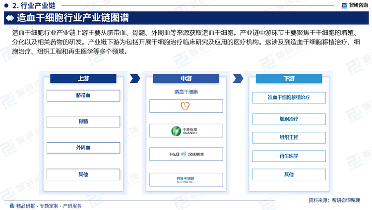 造血干细胞行业产业链上游主要从脐带血、骨髓、外周血等来源获取造血干细胞。产业链中游环节主要聚焦于干细胞的增殖、分化以及相关药物的研发。产业链下游为包括开展干细胞治疗临床研究及应用的医疗机构。这涉及到造血干细胞移植治疗、细胞治疗、组织工程和再生医学等多个领域。