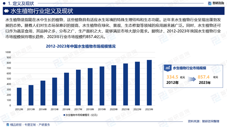 水生植物行业近年来呈现出蓬勃发展的态势。随着人们对生态环保意识的提高，水生植物在绿化、景观、生态修复等领域的应用越来越广泛。同时，水生植物还可以作为蔬菜食用，其品种之多，分布之广，生产面积之大，能够满足市场大部分需求。据统计，2012-2023年我国水生植物行业市场规模保持增长趋势，2023年行业市场规模约857.4亿元。值得注意的是，虽然疫情期间，许多地区的园林绿化、生态修复等工程受到影响，导致水生植物工程类订单缩减，但适合家庭园艺市场的中型、微型水生植物产品市场认知度却越来越高，相关产品销售情况较好，一定程度上促进了水生植物行业的发展。
