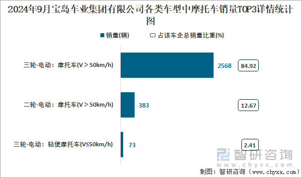 2024年9月宝岛车业集团有限公司各类车型中摩托车销量TOP3详情统计图