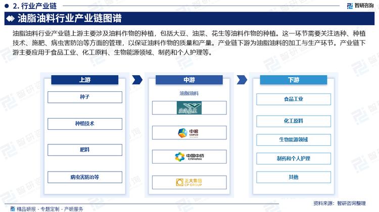 油脂油料行業(yè)產(chǎn)業(yè)鏈上游主要涉及油料作物的種植，包括大豆、油菜、花生等油料作物的種植。這一環(huán)節(jié)需要關(guān)注選種、種植技術(shù)、施肥、病蟲害防治等方面的管理，以保證油料作物的質(zhì)量和產(chǎn)量。產(chǎn)業(yè)鏈下游為油脂油料的加工與生產(chǎn)環(huán)節(jié)。產(chǎn)業(yè)鏈下游主要應(yīng)用于食品工業(yè)、化工原料、生物能源領(lǐng)域、制藥和個人護理等。