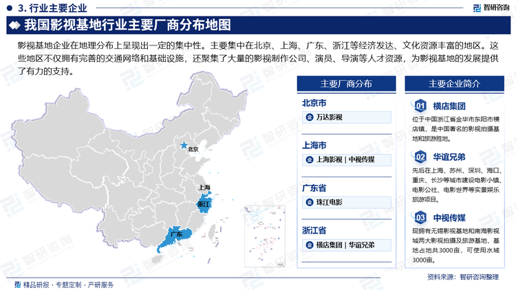 影視基地企業(yè)在地理分布上呈現(xiàn)出一定的集中性。主要集中在北京、上海、廣東、浙江等經濟發(fā)達、文化資源豐富的地區(qū)。這些地區(qū)不僅擁有完善的交通網絡和基礎設施，還聚集了大量的影視制作公司、演員、導演等人才資源，為影視基地的發(fā)展提供了有力的支持。