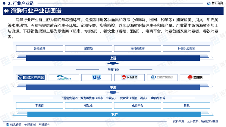 海鲜行业产业链上游为捕捞与养殖环节，捕捞指利用各种渔具和方法（如拖网、围网、钓竿等）捕捉鱼类、贝类、甲壳类等水生动物。养殖指提供适宜的生长环境，定期投喂，疾病防控，以实现海鲜的快速生长和高产量。产业链中游为海鲜的加工与流通。下游销售渠道主要为零售商（超市、专卖店）、餐饮业（餐馆、酒店）、电商平台。消费包括家庭消费者、餐饮消费者。