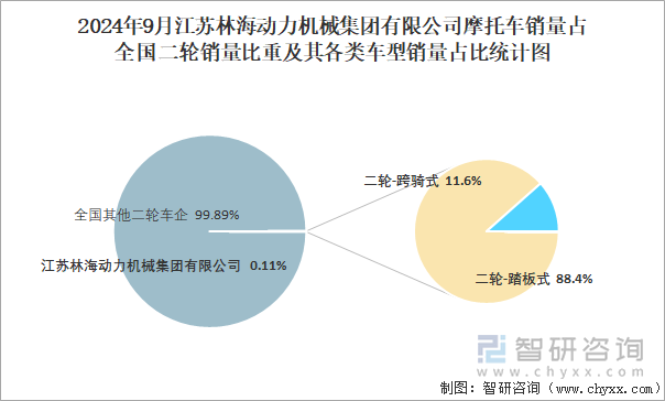 2024年9月江苏林海动力机械集团有限公司摩托车销量占全国二轮销量比重及其各类车型销量占比统计图