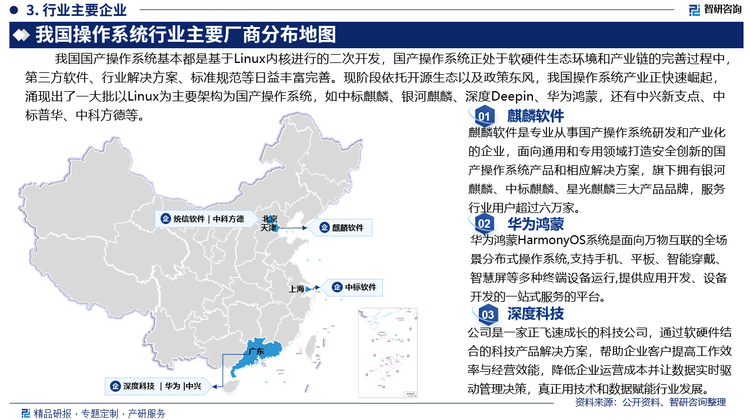 我国国产操作系统基本都是基于Linux内核进行的二次开发，国产操作系统正处于软硬件生态环境和产业链的完善过程中，第三方软件、行业解决方案、标准规范等日益丰富完善。现阶段依托开源生态以及政策东风，我国操作系统产业正快速崛起，涌现出了一大批以Linux为主要架构为国产操作系统，如中标麒麟、银河麒麟、深度Deepin、华为鸿蒙，还有中兴新支点、中标普华、中科方德等。我国国产操作系统未来的广阔发展前景值得期待。