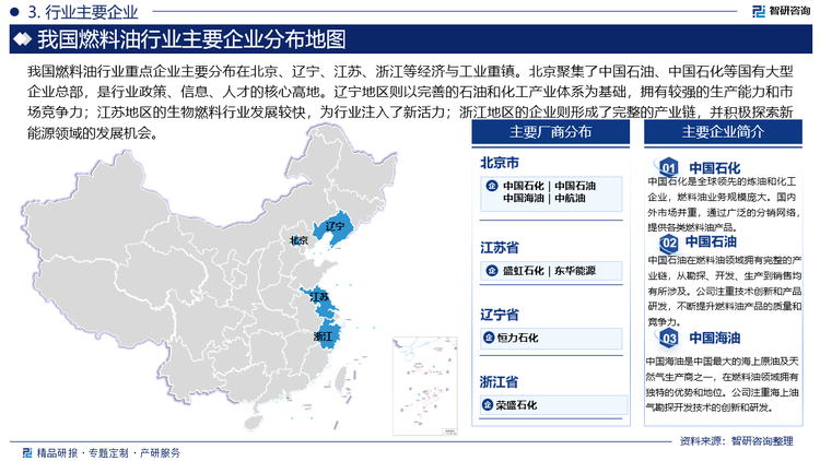 我國燃料油行業(yè)重點企業(yè)主要分布在北京、遼寧、江蘇、浙江等經(jīng)濟與工業(yè)重鎮(zhèn)。北京聚集了中國石油、中國石化等國有大型企業(yè)總部，是行業(yè)政策、信息、人才的核心高地。遼寧地區(qū)則以完善的石油和化工產(chǎn)業(yè)體系為基礎(chǔ)，擁有較強的生產(chǎn)能力和市場競爭力；江蘇地區(qū)的生物燃料行業(yè)發(fā)展較快，為行業(yè)注入了新活力；浙江地區(qū)的企業(yè)則形成了完整的產(chǎn)業(yè)鏈，并積極探索新能源領(lǐng)域的發(fā)展機會。