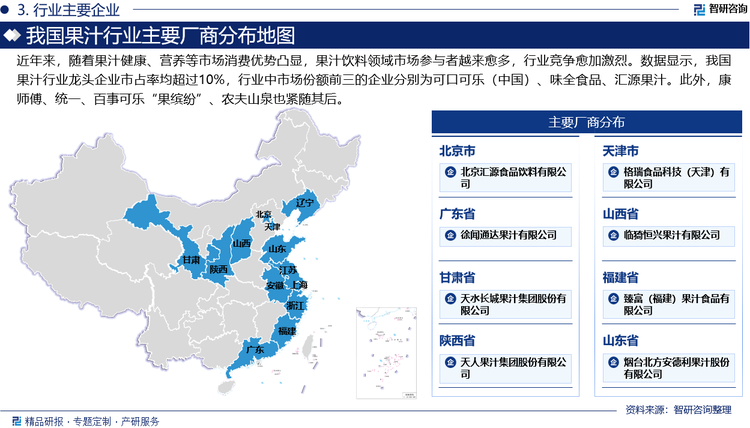 近年來，隨著果汁健康、營養(yǎng)等市場消費(fèi)優(yōu)勢凸顯，果汁飲料領(lǐng)域市場參與者越來愈多，行業(yè)競爭愈加激烈。數(shù)據(jù)顯示，我國果汁行業(yè)龍頭企業(yè)市占率均超過10%，行業(yè)中市場份額前三的企業(yè)分別為可口可樂（中國）、味全食品、匯源果汁。此外，康師傅、統(tǒng)一、百事可樂“果繽紛”、農(nóng)夫山泉也緊隨其后。