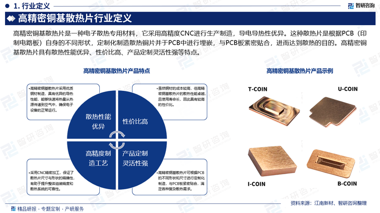 高精密铜基散热片是一种电子散热专用材料，它采用高精度CNC进行生产制造，导电导热性优异。这种散热片是根据PCB（印制电路板）自身的不同形状，定制化制造散热铜片并于PCB中进行埋嵌，与PCB板紧密贴合，进而达到散热的目的。高精密铜基散热片具有散热性能优异、性价比高、产品定制灵活性强等特点。