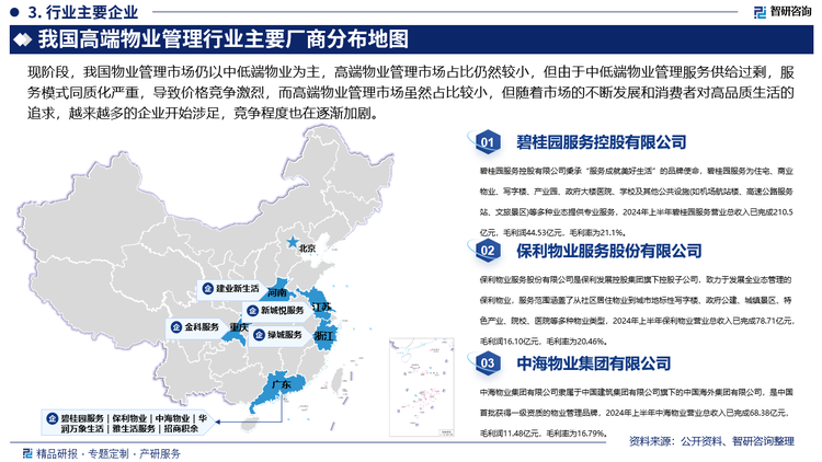 目前，我国高端物业管理行业内代表企业主要包括碧桂园服务、保利物业、中海物业、华润万象生活、雅生活服务、绿城服务、招商积余、金科服务、建业新生活、新城悦服务、越秀服务等，其中，碧桂园服务创立于1992年，2018年6月19日在香港交易所主板上市，2020年全面升级品牌，秉承“服务成就美好生活”的品牌使命，碧桂园服务为住宅、商业物业、写字楼、产业园、政府大楼医院、学校及其他公共设施(如机场航站楼、高速公路服务站、文旅景区)等多种业态提供专业服务。