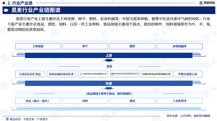 黑麦行业产业上游主要涉及土地资源、种子、肥料、农业机械等；中游为黑麦种植，要集中在适合寒冷气候的地区，；行业下游产业主要涉及食品、酒饮、饲料，以及一些工业原料，食品领域主要用于面点、面包的制作，饲料领域是作为牛、羊、兔、鹿等动物的优质青饲草。