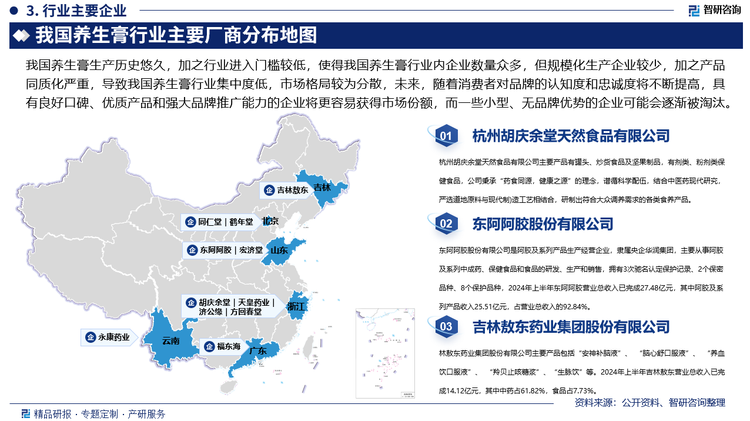 我国养生膏生产历史悠久，加之行业进入门槛较低，使得我国养生膏行业内企业数量众多，但规模化生产企业较少，加之产品同质化严重，导致我国养生膏行业集中度低，市场格局较为分散，未来，随着消费者对品牌的认知度和忠诚度将不断提高，具有良好口碑、优质产品和强大品牌推广能力的企业将更容易获得市场份额，而一些小型、无品牌优势的企业可能会逐渐被淘汰。