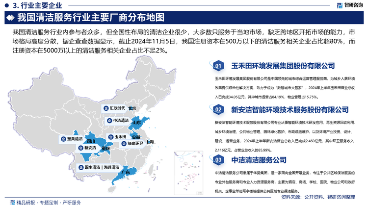 目前，我国清洁服务行业内代表企业主要包括玉禾田、新安洁、中洁清洁、塑美清洁、汇欣时代、珉生清洁、绿建环卫、海莲清洁等，其中，玉禾田专注于城市运营服务领域，是国内领先的全国布局的城乡环境综合服务运营商，作为城市运营公司龙头上市企业，公司已形成上下游产业链的完整闭环，经过26年发展，公司城市运营业务服务内容丰富，服务口碑良好，服务区域广泛，客户满意度、信任度与忠诚度，根据环境司南数据统计显示，玉禾田为2023年度业内唯一一家新签合同总额超过百亿企业。