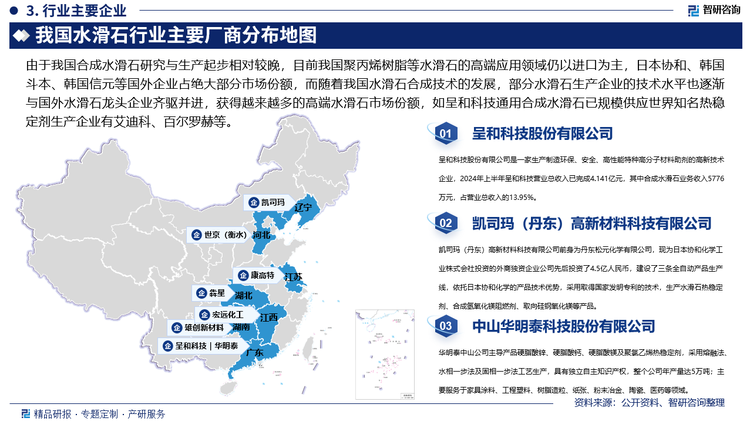 由于我国合成水滑石研究与生产起步相对较晚，目前我国聚丙烯树脂等水滑石的高端应用领域仍以进口为主，日本协和、韩国斗本、韩国信元等国外企业占绝大部分市场份额，而随着我国水滑石合成技术的发展，部分水滑石生产企业的技术水平也逐渐与国外水滑石龙头企业齐驱并进，获得越来越多的高端水滑石市场份额，如呈和科技通用合成水滑石已规模供应世界知名热稳定剂生产企业有艾迪科、百尔罗赫等，在高端的应用领域，包括能源化工企业的聚丙烯树脂生产领域以及高透明聚氯乙烯的生产领域，国内企业使用的仍然以进口合成水滑石为主，公司研发的三元高透明合成水滑石正逐渐在高端市场中替代进口产品，另外，公司的合成水滑石产品是中国石化指定使用的国产合成水滑石产品，推动了合成水滑石进口替代进程。