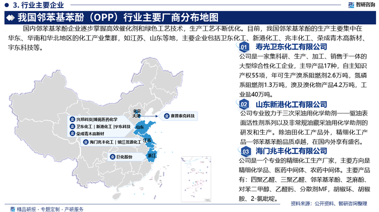 邻苯基苯酚行业属于技术密集型行业，邻苯基苯酚产品的核心技术体现在产品配方、生产工艺和过程控制等方面。国内企业逐步掌握高效催化剂和绿色工艺技术，生产工艺不断优化。目前，我国邻苯基苯酚的生产主要集中在华东、华南和华北地区的化工产业集群，如江苏、山东等地，主要企业包括寿光卫东化工有限公司、山东新港化工有限公司、海门兆丰化工有限公司、荣成青木高新材料股份有限公司、济南宇东科技发展有限公司等等。