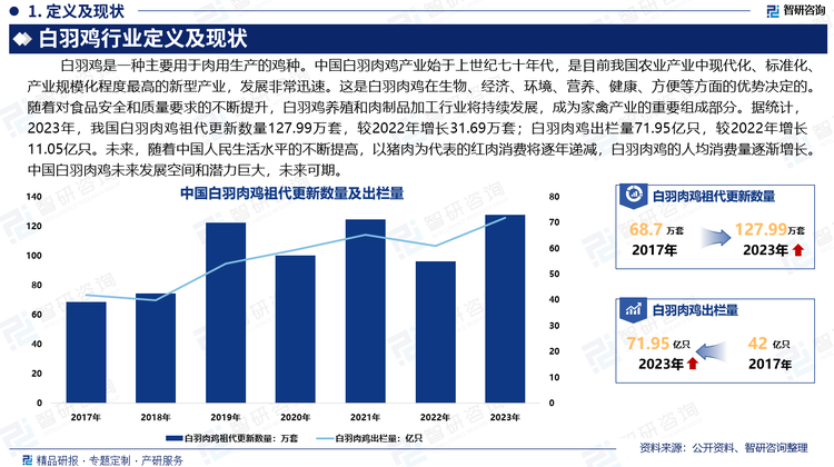 白羽鸡是一种主要用于肉用生产的鸡种。中国白羽肉鸡产业始于上世纪七十年代，是目前我国农业产业中现代化、标准化、产业规模化程度最高的新型产业，发展非常迅速。这是白羽肉鸡在生物、经济、环境、营养、健康、方便等方面的优势决定的。随着对食品安全和质量要求的不断提升，白羽鸡养殖和肉制品加工行业将持续发展，成为家禽产业的重要组成部分。目前，白羽肉鸡已经成为我国除猪肉外最大的肉类。据统计，2023年，我国白羽肉鸡祖代更新数量127.99万套，较2022年增长31.69万套；白羽肉鸡出栏量71.95亿只，较2022年增长11.05亿只。未来，随着中国人民生活水平的不断提高，以猪肉为代表的红肉消费将逐年递减，白羽肉鸡的人均消费量逐渐增长。中国白羽肉鸡未来发展空间和潜力巨大，未来可期。