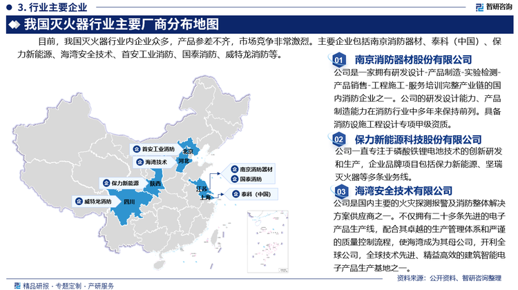 目前，我國滅火器行業(yè)內(nèi)企業(yè)眾多，產(chǎn)品參差不齊，市場競爭非常激烈。主要企業(yè)包括南京消防器材股份有限公司、泰科（中國）投資有限公司、保力新能源科技股份有限公司、海灣安全技術(shù)有限公司、首安工業(yè)消防有限公司、國泰消防科技股份有限公司、威特龍消防安全集團股份公司。