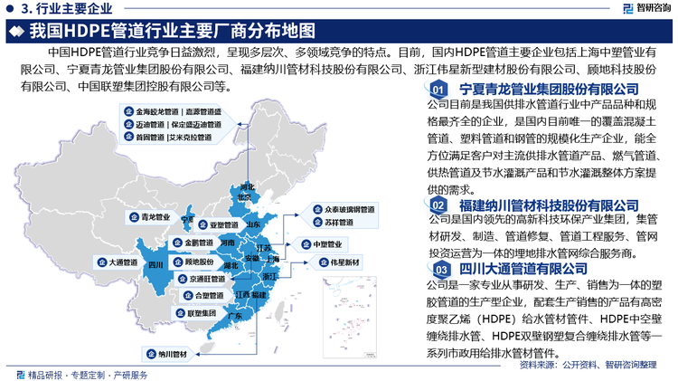 其中，青龙管业专注于高品质输水管道及相关产品的研发、生产、销售，并提供输节水领域的整体解决方案，从项目的设计、产品制造、施工、运维等方面，为客户提供全方位的服务。塑料管主要包括：聚氯乙烯（PVC）、聚乙烯（PE）、钢丝网骨架复合管、高密度聚乙烯（HDPE）管、双壁波纹管、内镶式滴灌管及滴灌带、燃气管、节水灌溉器材及城市供热管道等相关产品，主要应用于城乡供水、城市供水管网、高标准农田建设及节水灌溉、园林绿化等相关领域。据统计，2023年青龙管业全年实现营业总收入20.61亿元，其中，塑料管材营业总收入为6.11亿元，占总营收的29.66%；全年管道业务新签合同金额32.1亿元，，其中塑料管材新签合同金额7.6亿元。