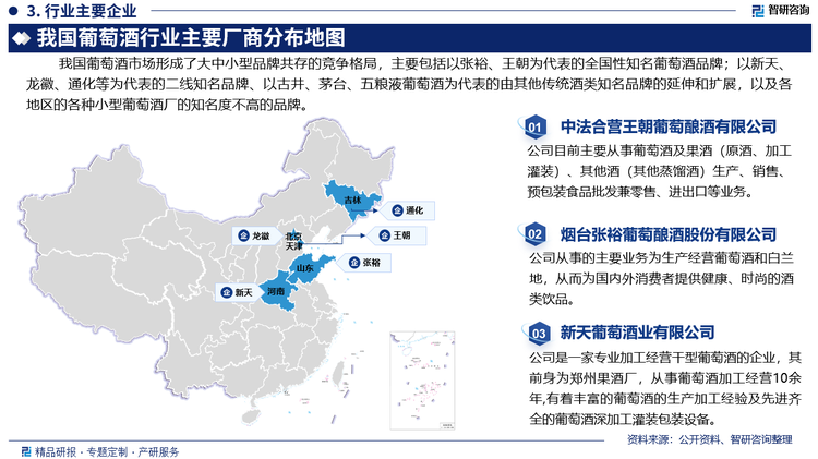 我国葡萄酒市场形成了大中小型品牌共存的竞争格局，主要包括以张裕、王朝为代表的全国性知名葡萄酒品牌；以新天、龙徽、通化等为代表的二线知名品牌、以古井、茅台、五粮液葡萄酒为代表的由其他传统酒类知名品牌的延伸和扩展，以及各地区的各种小型葡萄酒厂的知名度不高的品牌。