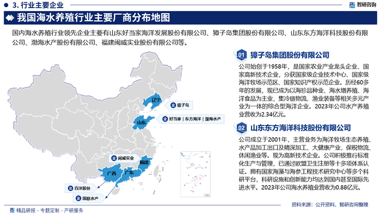 我国海水养殖企业多以分散的个体经营模式为主，规模化的大型企业较少，市场集中度较低。但随着我国劳动人口的减少，以及我国农业生产的专业化、技术化要求不断升高，我国海水养殖行业的集约化程度也将有所提升。目前，国内海水养殖行业领先企业主要有山东好当家海洋发展股份有限公司、獐子岛集团股份有限公司、山东东方海洋科技股份有限公司、渤海水产股份有限公司、福建闽威实业股份有限公司等。