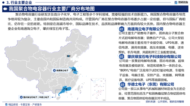 聚合物電容器行業(yè)研發(fā)涉及高分子化學(xué)、電子工程等多個學(xué)科領(lǐng)域，需要較強的技術(shù)創(chuàng)新能力。我國聚合物電容器市場的競爭格局較為復(fù)雜，主要由國內(nèi)和國際制造商共同構(gòu)成。盡管國內(nèi)廠商在聚合物電容器市場逐步占據(jù)一定份額，但與國際廠商相比，仍存在一定的差距，國內(nèi)一些小型企業(yè)仍面臨技術(shù)水平和研發(fā)投入不足的問題。特別是在高端市場中，國際品牌在技術(shù)、品質(zhì)和品牌影響力方面具有較大優(yōu)勢，如日本松下、日本RUBYCON CORPORATION、美國基美。目前，我國聚合物電容器主要企業(yè)有南通海立電子有限公司、肇慶綠寶石電子科技股份有限公司等。