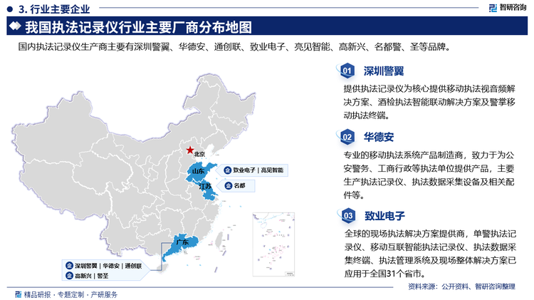 企業(yè)概況而言，其中深圳警翼提供執(zhí)法記錄儀為核心提供移動(dòng)執(zhí)法視音頻解決方案、酒檢執(zhí)法智能聯(lián)動(dòng)解決方案及警掌移動(dòng)執(zhí)法終端。華德安是專業(yè)的移動(dòng)執(zhí)法系統(tǒng)產(chǎn)品制造商，致力于為公安警務(wù)、工商行政等執(zhí)法單位提供產(chǎn)品，主要生產(chǎn)執(zhí)法記錄儀、執(zhí)法數(shù)據(jù)采集設(shè)備及相關(guān)配件等。致業(yè)電子是全球的現(xiàn)場(chǎng)執(zhí)法解決方案提供商，單警執(zhí)法記錄儀、移動(dòng)互聯(lián)智能執(zhí)法記錄儀、執(zhí)法數(shù)據(jù)采集終端、執(zhí)法管理系統(tǒng)及現(xiàn)場(chǎng)整體解決方案已應(yīng)用于全國(guó)31個(gè)省市。