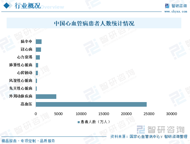 心脑血管疾病具体是指心脏血管和脑血管方面的疾病，一般情况下代表由于高血压、动脉粥样硬化、高血脂、血液黏稠等原因，所导致大脑、心脏、全身组织发生缺血性或出血性的一类疾病，是全球发病率和死亡率较高的一类疾病。根据国家心血管病中心发布的《中国心血管健康与疾病报告2023》显示，我国心血管患病率处于持续上升阶段，目前患病人数约为3.3亿元，其中脑卒中1300万人，冠心病1139万人，心力衰竭890万人，肺源性心脏病500万人，心房颤动487万人，风湿性心脏病250万人，先天性心脏病200万人，外周动脉疾病4530万人，高血压2.45亿人。