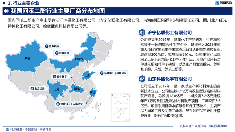 目前，国内间苯二酚生产企业相对集中，头部企业优势较为明显。由于间苯二酚生产环节涉及到较强的环保处理和副产物消化等问题，小规模企业的处理能力有所不足，因而行业内的供给成本差异相对较大，行业整体的产能利用率也仅能维持5-6成，但头部企业的开工远高于行业水平。具体来看，我国间苯二酚行业内产能较大的企业主要有浙江鸿盛化工有限公司、济宁亿联化工有限公司、乌海时联环保科技有限责任公司、四川北方红光特种化工有限公司、哈密盛典科技有限公司等。