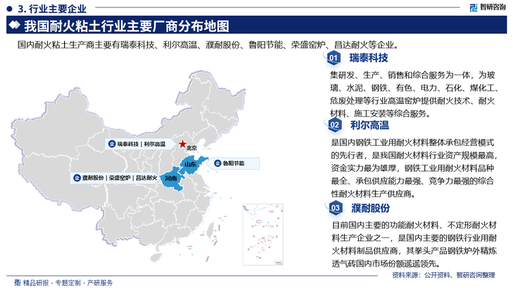 其中瑞泰科技是集研发、生产、销售和综合服务为一体，为玻璃、水泥、钢铁、有色、电力、石化、煤化工危废处理等行业高温窑炉提供耐火技术、耐火材料、施工安装等综合服务。利尔高温是国内钢铁工业用耐火材料整体承包经营模式的先行者，是我国耐火材料行业资产规模最高资金实力最为雄厚，钢铁工业用耐火材料品种最全、承包供应能力最强、竞争力最强的综合性耐火材料生产供应商。濮耐股份是目前国内主要的功能耐火材料、不定形耐火材料生产企业之一，是国内主要的钢铁行业用耐火材料制品供应商，其拳头产品钢铁炉外精炼透气砖国内市场份额遥遥领先。