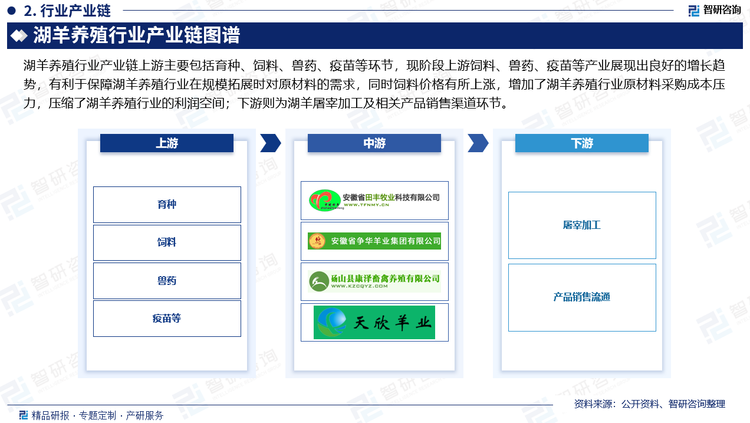 湖羊养殖行业产业链上游主要包括育种、饲料、兽药、疫苗等环节，现阶段上游饲料、兽药、疫苗等产业展现出良好的增长趋势，有利于保障湖羊养殖行业在规模拓展时对原材料的需求，同时饲料价格有所上涨，增加了湖羊养殖行业原材料采购成本压力，压缩了湖羊养殖行业的利润空间；下游则为湖羊屠宰加工及相关产品销售渠道环节。