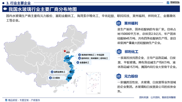 我國(guó)于1938年開始在北京、天津、青島、廣州等地建設(shè)水玻璃生產(chǎn)工廠。發(fā)展至今，我國(guó)水玻璃生產(chǎn)能力已居世界第一位。隨著下游產(chǎn)品白炭黑、硅膠、分子篩等市場(chǎng)需求的不斷增長(zhǎng)，其原材料水玻璃近年來(lái)產(chǎn)量發(fā)展迅猛。隨著國(guó)內(nèi)水玻璃行業(yè)生產(chǎn)企業(yè)數(shù)量的增加，具備生產(chǎn)標(biāo)準(zhǔn)條件的企業(yè)數(shù)量也越來(lái)越多，現(xiàn)有企業(yè)之間競(jìng)爭(zhēng)較為激烈。目前我國(guó)水玻璃行業(yè)代表性企業(yè)主要有萊州福利泡花堿有限公司、青島海灣－索爾維化工有限公司、青州祥利化工公司、連云港金薔薇化工有限公司、安徽龍泉硅材料有限公司、福建元力活性炭股份有限公司等企業(yè)。其中菜州福利是生產(chǎn)液體、固體硅酸鈉的專業(yè)廠家。目前占地150000平方米，總投資2.5億元，年產(chǎn)固體硅酸鈉45萬(wàn)噸，共有四條硅酸鈉生產(chǎn)線，是目前亞洲產(chǎn)量最大的硅酸鈉生產(chǎn)企業(yè)。祥利化工是一家高科技民營(yíng)企業(yè)，主導(dǎo)產(chǎn)品泡花堿、白炭黑、平板玻璃。擁有泡花堿生產(chǎn)線6萬(wàn)噸、液體泡花堿15萬(wàn)噸，屬國(guó)內(nèi)同行業(yè)大型骨干企業(yè)。元力股份是一家橫跨活性炭、水玻璃、白炭黑等業(yè)務(wù)領(lǐng)域的企業(yè)集團(tuán)。水玻璃和白炭黑是公司的優(yōu)勢(shì)業(yè)務(wù)。