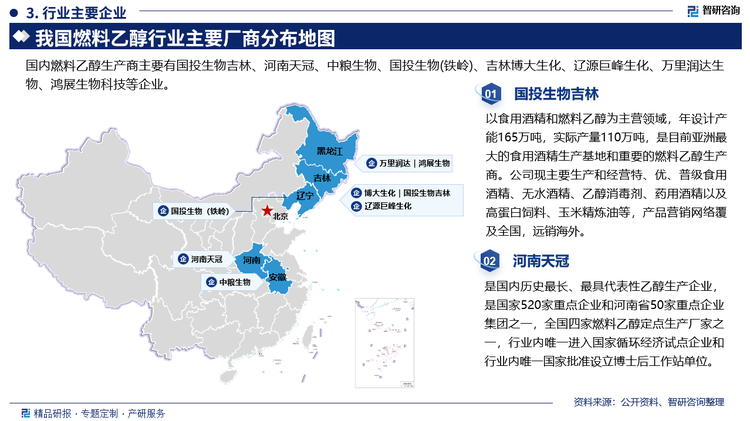 國投生物吉林以食用酒精和燃料乙醇為主營領(lǐng)域，年設(shè)計(jì)產(chǎn)能165萬噸，實(shí)際產(chǎn)量110萬噸，是目前亞洲最大的食用酒精生產(chǎn)基地和重要的燃料乙醇生產(chǎn)商。公司現(xiàn)主要生產(chǎn)和經(jīng)營特、優(yōu)、普級(jí)食用酒精、無水酒精、乙醇消毒劑、藥用酒精以及高蛋白飼料、玉米精煉油等，產(chǎn)品營銷網(wǎng)絡(luò)覆及全國，遠(yuǎn)銷海外。河南天冠是國內(nèi)歷史最長、最具代表性乙醇生產(chǎn)企業(yè)，是國家520家重點(diǎn)企業(yè)和河南省50家重點(diǎn)企業(yè)集團(tuán)之一，全國四家燃料乙醇定點(diǎn)生產(chǎn)廠家之一，行業(yè)內(nèi)唯一進(jìn)入國家循環(huán)經(jīng)濟(jì)試點(diǎn)企業(yè)和行業(yè)內(nèi)唯一國家批準(zhǔn)設(shè)立博士后工作站單位。