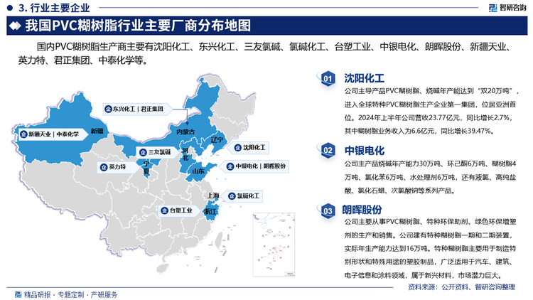 其中沈阳化工主导产品PVC糊树脂、烧碱年产能达到“双20万吨”，进入全球特种PVC糊树脂生产企业第一集团，位居亚洲首位。2024年上半年公司营收23.77亿元，同比增长2.7%，其中糊树脂业务收入为6.6亿元，同比增长39.47%。中银电化主产品烧碱年产能力30万吨、环己酮6万吨、糊树脂4万吨、氯化苯6万吨、水处理剂6万吨，还有液氯、高纯盐酸、氯化石蜡、次氯酸钠等系列产品。朗晖股份主要从事PVC糊树脂、特种环保助剂、绿色环保增塑剂的生产和销售。公司建有特种糊树脂一期和二期装置，实际年生产能力达到16万吨。特种糊树脂主要用于制造特别形状和特殊用途的塑胶制品，广泛适用于汽车、建筑、电子信息和涂料领域，属于新兴材料，市场潜力巨大。