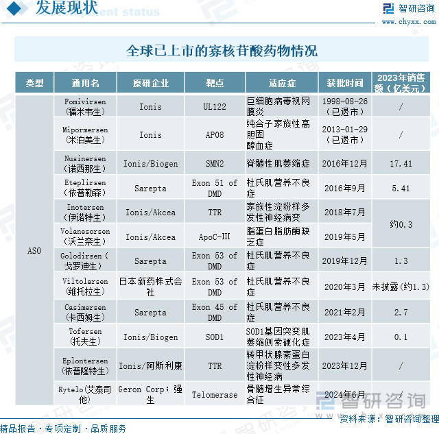 全球已上市的寡核苷酸藥物情況