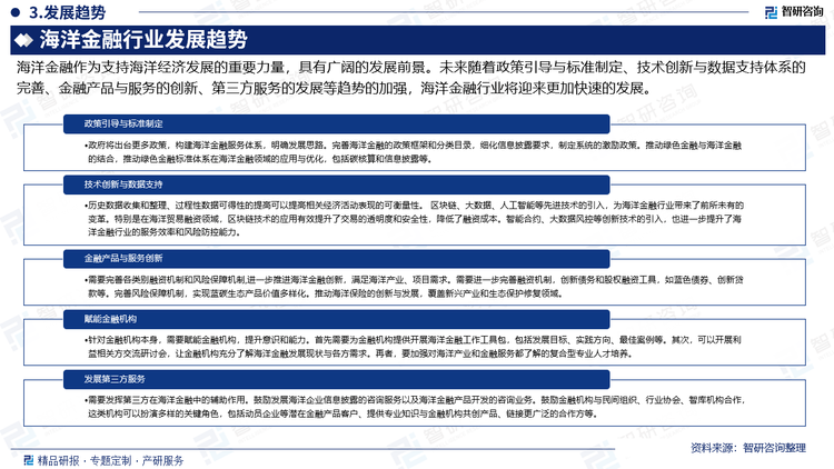 海洋金融作為支持海洋經(jīng)濟(jì)發(fā)展的重要力量，具有廣闊的發(fā)展前景。未來(lái)隨著政策引導(dǎo)與標(biāo)準(zhǔn)制定、技術(shù)創(chuàng)新與數(shù)據(jù)支持體系的完善、金融產(chǎn)品與服務(wù)的創(chuàng)新、第三方服務(wù)的發(fā)展等趨勢(shì)的加強(qiáng)，海洋金融行業(yè)將迎來(lái)更加快速的發(fā)展。