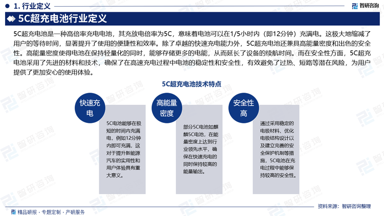 5C超充电池是一种高倍率充电电池，其充放电倍率为5C，意味着电池可以在1/5小时内（即12分钟）充满电。这极大地缩减了用户的等待时间，显著提升了使用的便捷性和效率。除了卓越的快速充电能力外，5C超充电池还兼具高能量密度和出色的安全性。高能量密度使得电池在保持轻量化的同时，能够存储更多的电能，从而延长了设备的续航时间。而在安全性方面，5C超充电池采用了先进的材料和技术，确保了在高速充电过程中电池的稳定性和安全性，有效避免了过热、短路等潜在风险，为用户提供了更加安心的使用体验。