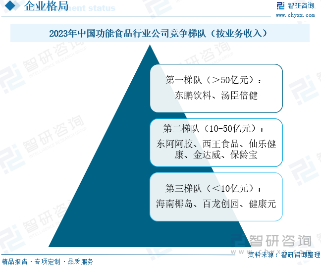 2023年中國(guó)功能食品行業(yè)公司競(jìng)爭(zhēng)梯隊(duì)（按業(yè)務(wù)收入）