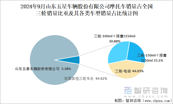 2024年9月山東五星車輛股份有限公司摩托車銷量占全國三輪銷量比重及其各類車型銷量占比統(tǒng)計圖