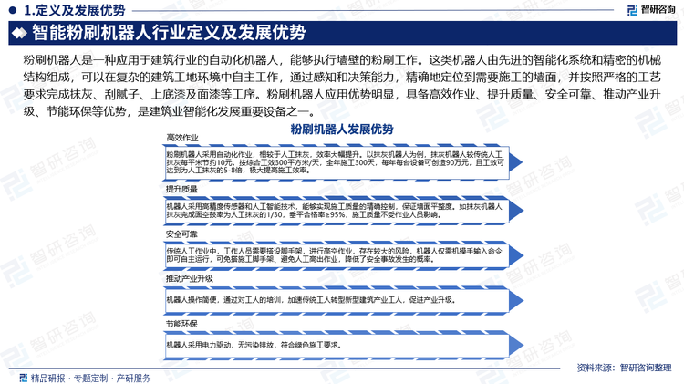 粉刷機器人應(yīng)用優(yōu)勢明顯，是建筑業(yè)智能化發(fā)展重要設(shè)備之一。具備以下優(yōu)勢：（1）高效作業(yè)。粉刷機器人采用自動化作業(yè)，相較于人工抹灰，效率大幅提升。以抹灰機器人為例，抹灰機器人較傳統(tǒng)人工抹灰每平米節(jié)約10元，按綜合工效300平方米/天，全年施工300天，每年每臺設(shè)備可創(chuàng)造90萬元，且工效可達到為人工抹灰的5-8倍，極大提高施工效率。（2）提升質(zhì)量。機器人采用高精度傳感器和人工智能技術(shù)，能夠?qū)崿F(xiàn)施工質(zhì)量的精確控制，保證墻面平整度。如抹灰機器人抹灰完成面空鼓率為人工抹灰的1/30，垂平合格率≥95%，施工質(zhì)量不受作業(yè)人員影響。（3）安全可靠。傳統(tǒng)人工作業(yè)中，工作人員需要搭設(shè)腳手架，進行高空作業(yè)，存在較大的風(fēng)險，機器人僅需機操手輸入命令即可自主運行，可免搭施工腳手架、避免人工高出作業(yè)，降低了安全事故發(fā)生的概率。（4）推動產(chǎn)業(yè)升級。機器人操作簡便，通過對工人的培訓(xùn)，加速傳統(tǒng)工人轉(zhuǎn)型為新型建筑產(chǎn)業(yè)工人，促進產(chǎn)業(yè)升級。（5）節(jié)能環(huán)保。機器人采用電力驅(qū)動，無污染排放，符合綠色施工要求。