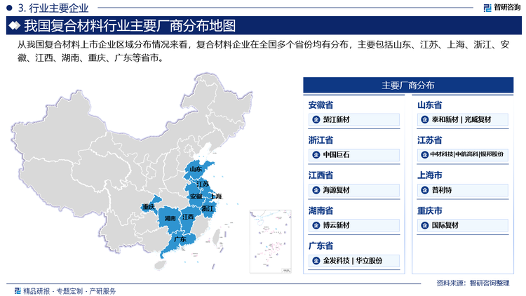 从我国复合材料上市企业区域分布情况来看，复合材料企业在全国多个省份均有分布，主要包括山东、江苏、上海、浙江、安徽、江西、湖南、重庆、广东等省市。