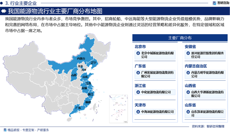 我国能源物流行业内参与者众多，市场竞争激烈。其中，招商轮船、中远海能等大型能源物流企业凭借规模优势、品牌影响力和完善的网络布局，在市场中占据主导地位。其他中小能源物流企业则通过灵活的经营策略和差异化服务，在特定领域和区域市场中占据一席之地。